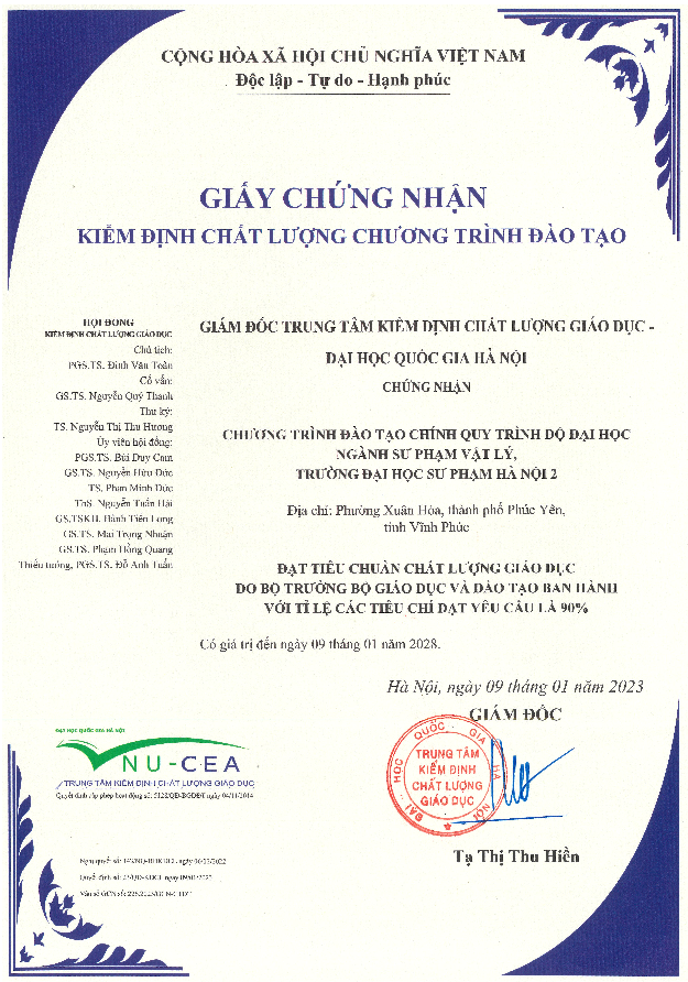 Giấy chứng nhận Kiểm định chất lượng giáo dục chương trình đào tạo Ngành Sư phạm Vật lý